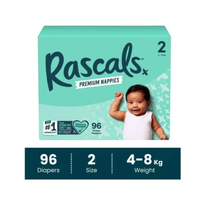 Rascals Premium Baby Tape Diapers Jumbo Box - Size 2, 4-8 kg, 96 Count